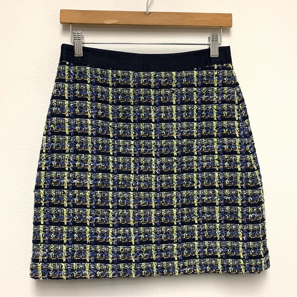 Ann Taylor Tweed Mini Skirt Size 0P Petite Navy Neon Green Metallic Weave Preppy